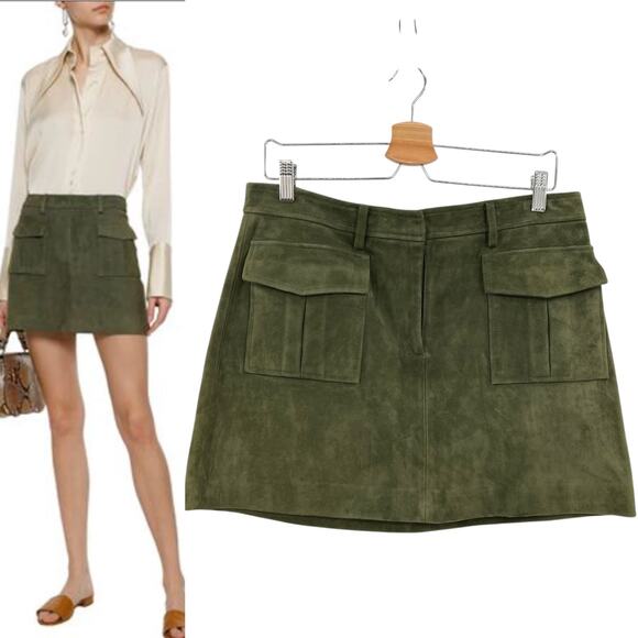 Theory Lupah Suede Mini Skirt Goat Leather‎ Army Green Size 8 - Picture 1 of 12